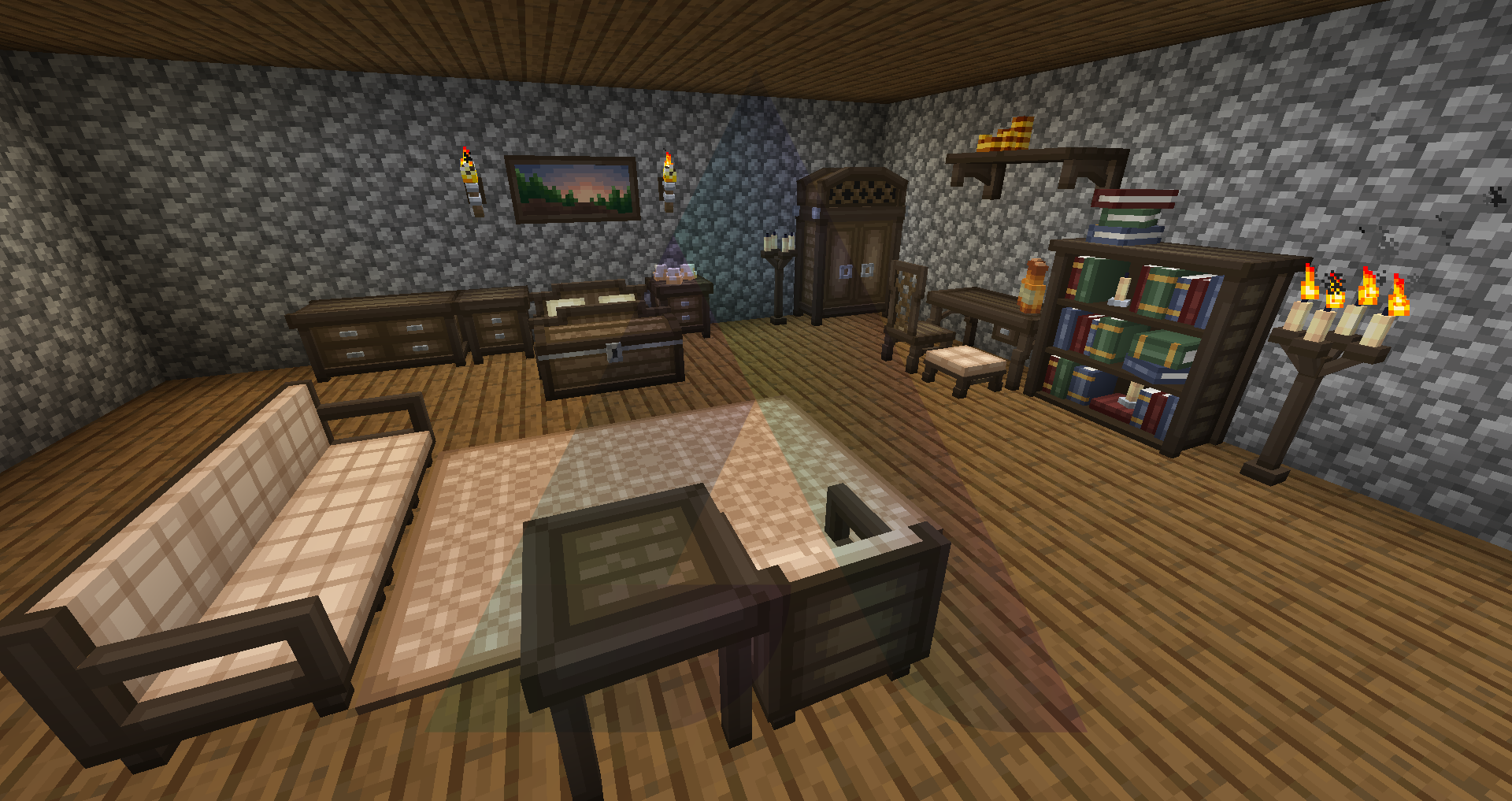 Пример интерьера с мебелью из мода Fantasy's Furniture в Minecraft