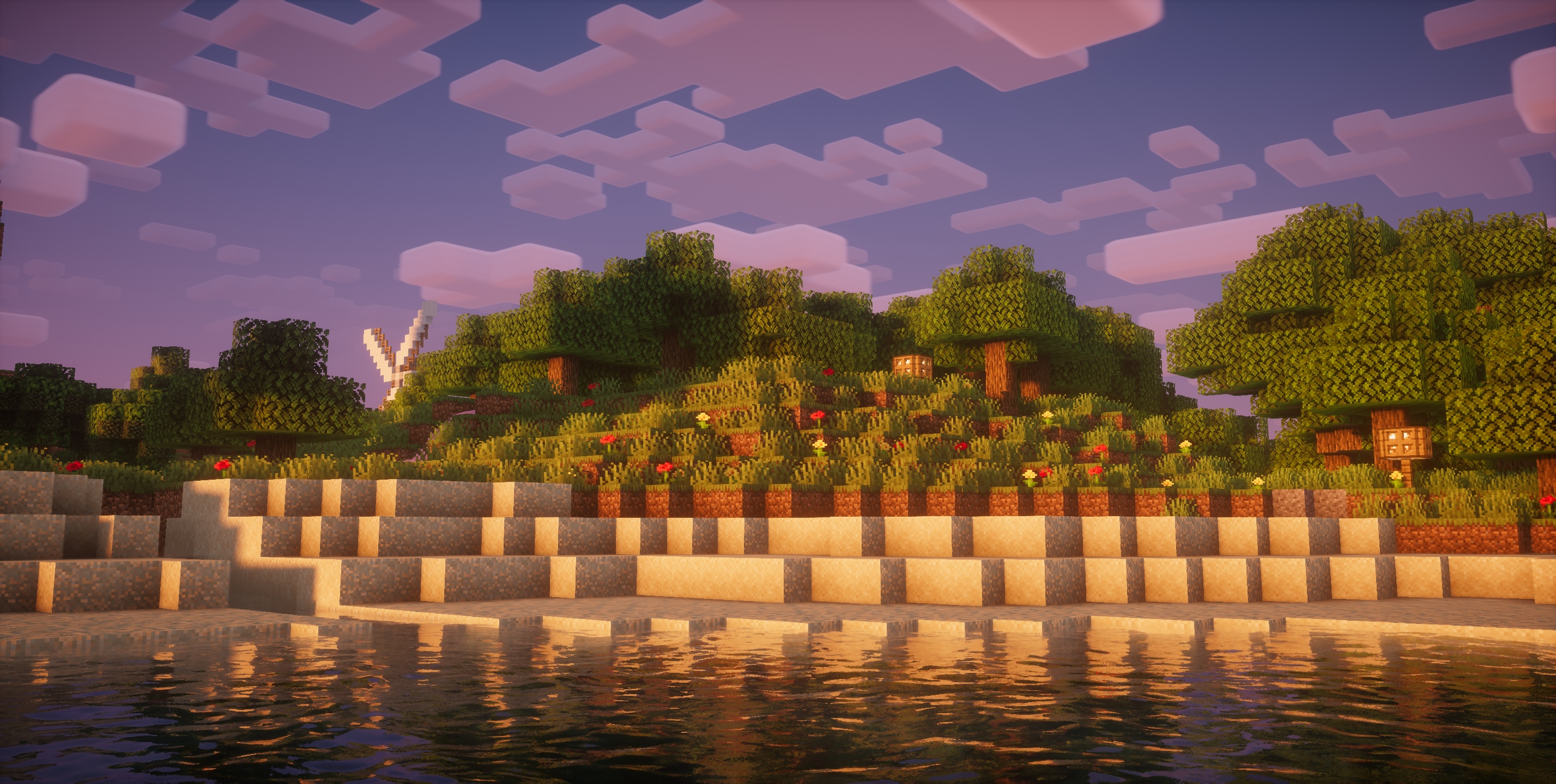 Деревня в Minecraft с шейдером Nostalgia при закате