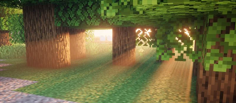 Закат в Minecraft с шейдером Nostalgia, тёплые тона и реалистичные отражения