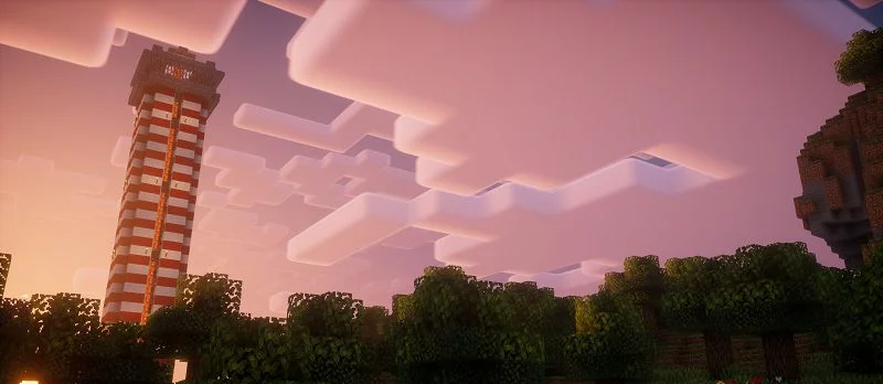 Закат в Minecraft с шейдером Nostalgia, красивые отражения на воде