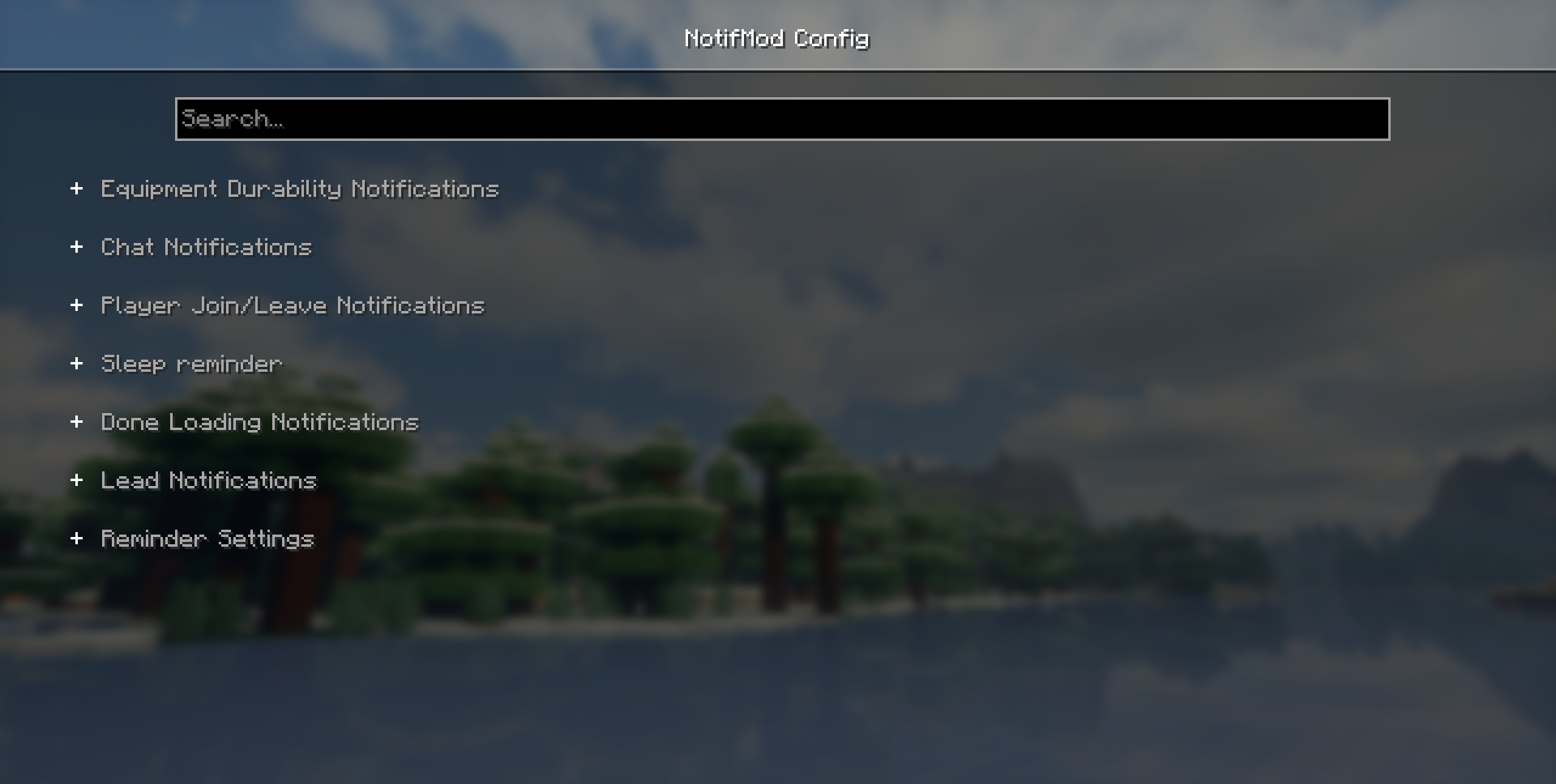 Интерфейс настроек NotifMod с выбором типов уведомлений в Minecraft