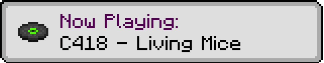 Интерфейс Now Playing Mod в Minecraft с названием трека и исполнителем