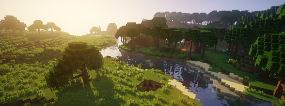 Биом дубового леса в Minecraft с зелеными холмами и рекой