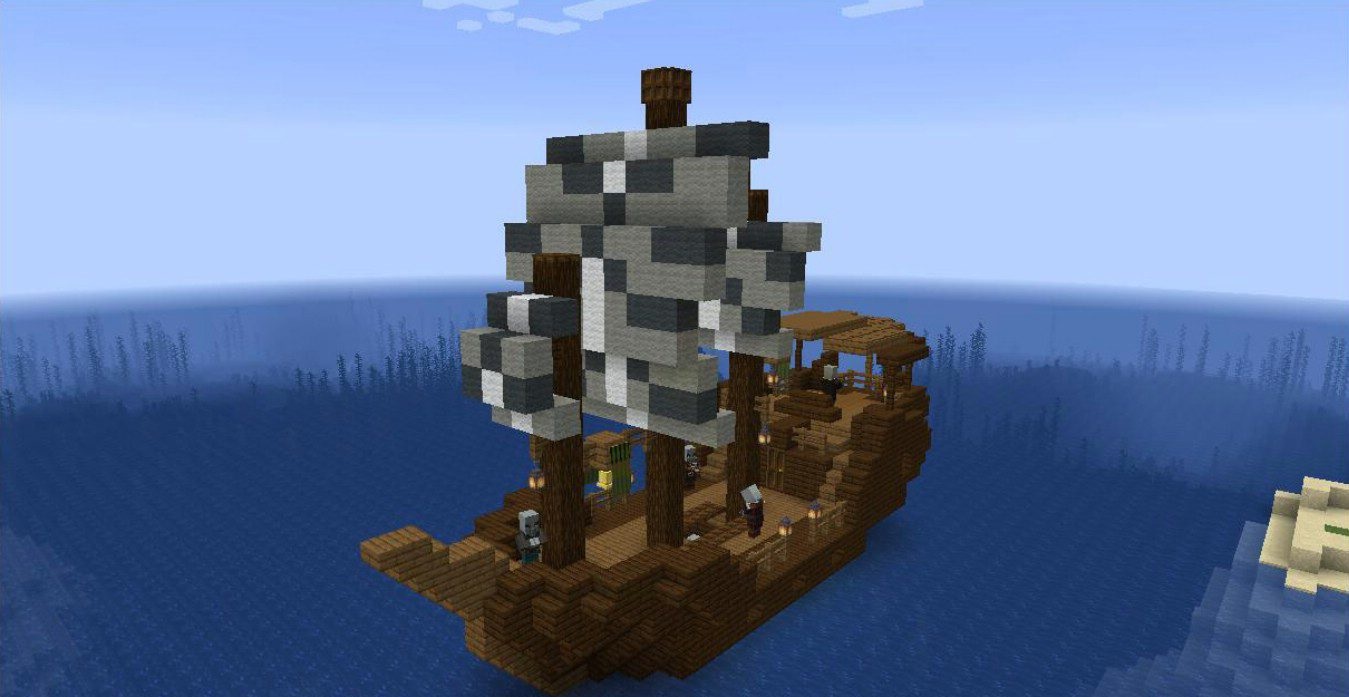 Игрок в Minecraft плывет на корабле мимо плавающей деревни