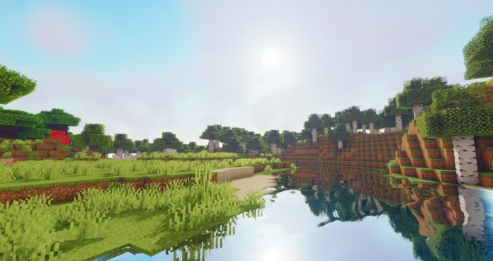 Ночной лес в Minecraft с шейдером Oceano, мягкое лунное освещение