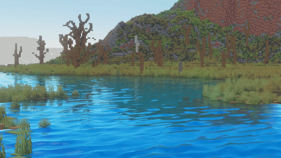 Ночной пейзаж в Minecraft с шейдерами Oceano: звёзды и лунный свет