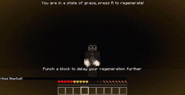 Анимация процесса регенерации персонажа в Minecraft с огненными частицами