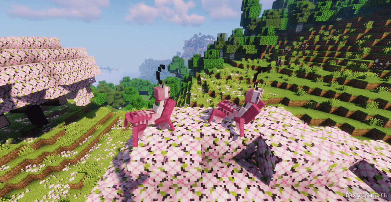 Красивый закат в Minecraft с видом на построенный игроком замок