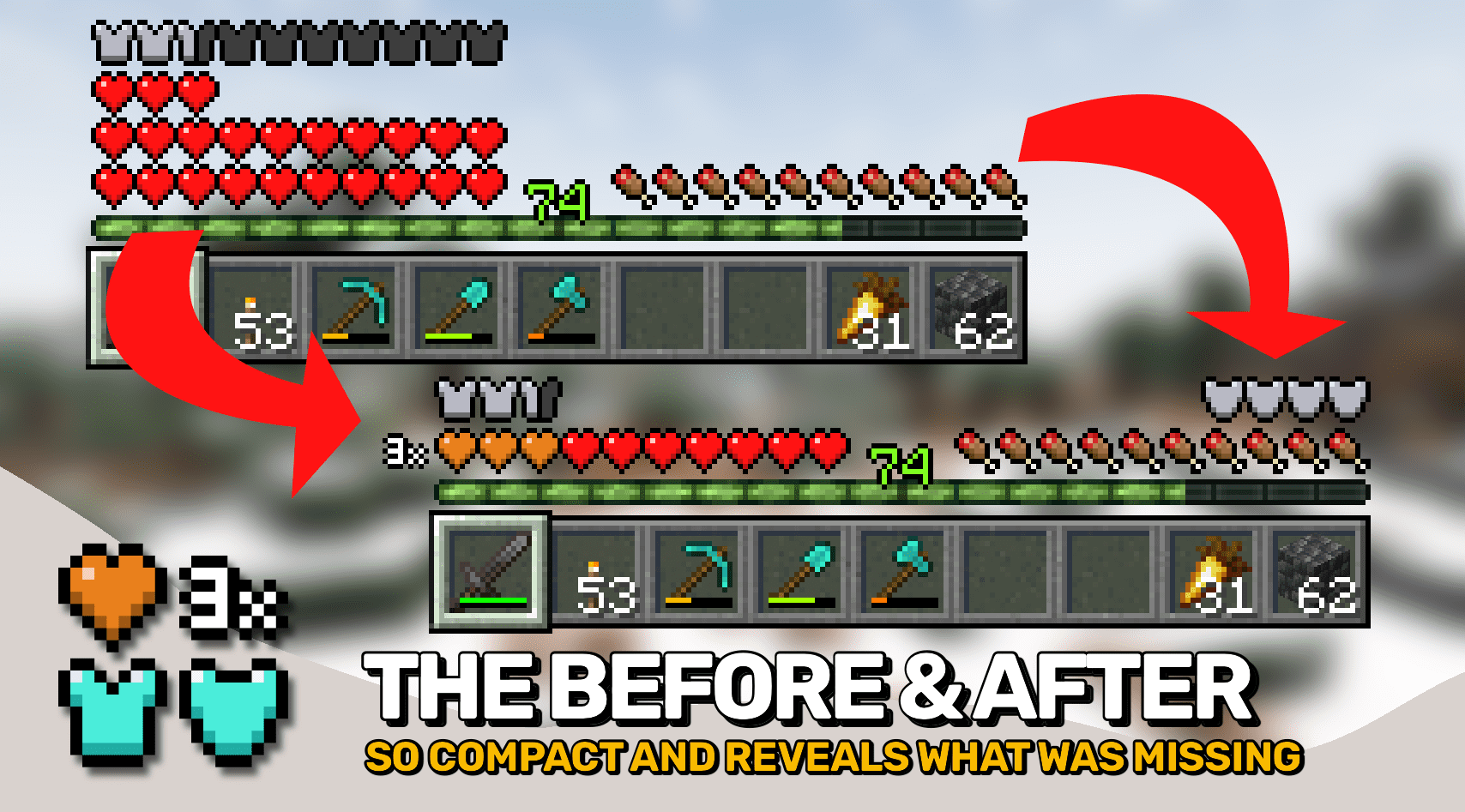 Сравнение стандартного интерфейса Minecraft и улучшенного Overflowing Bars