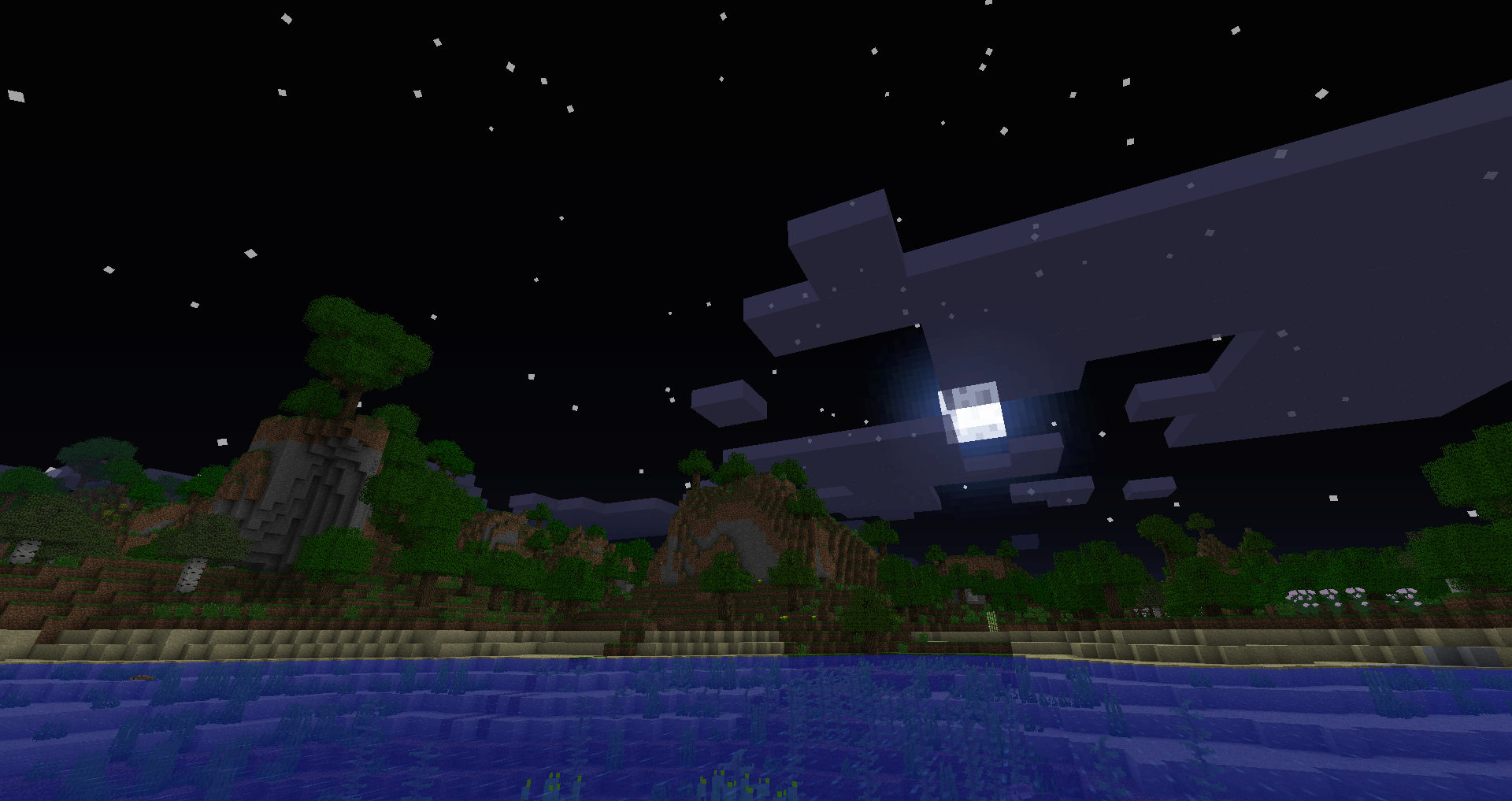 Реалистичный ночной пейзаж в Minecraft с улучшенными текстурами и эффектами освещения
