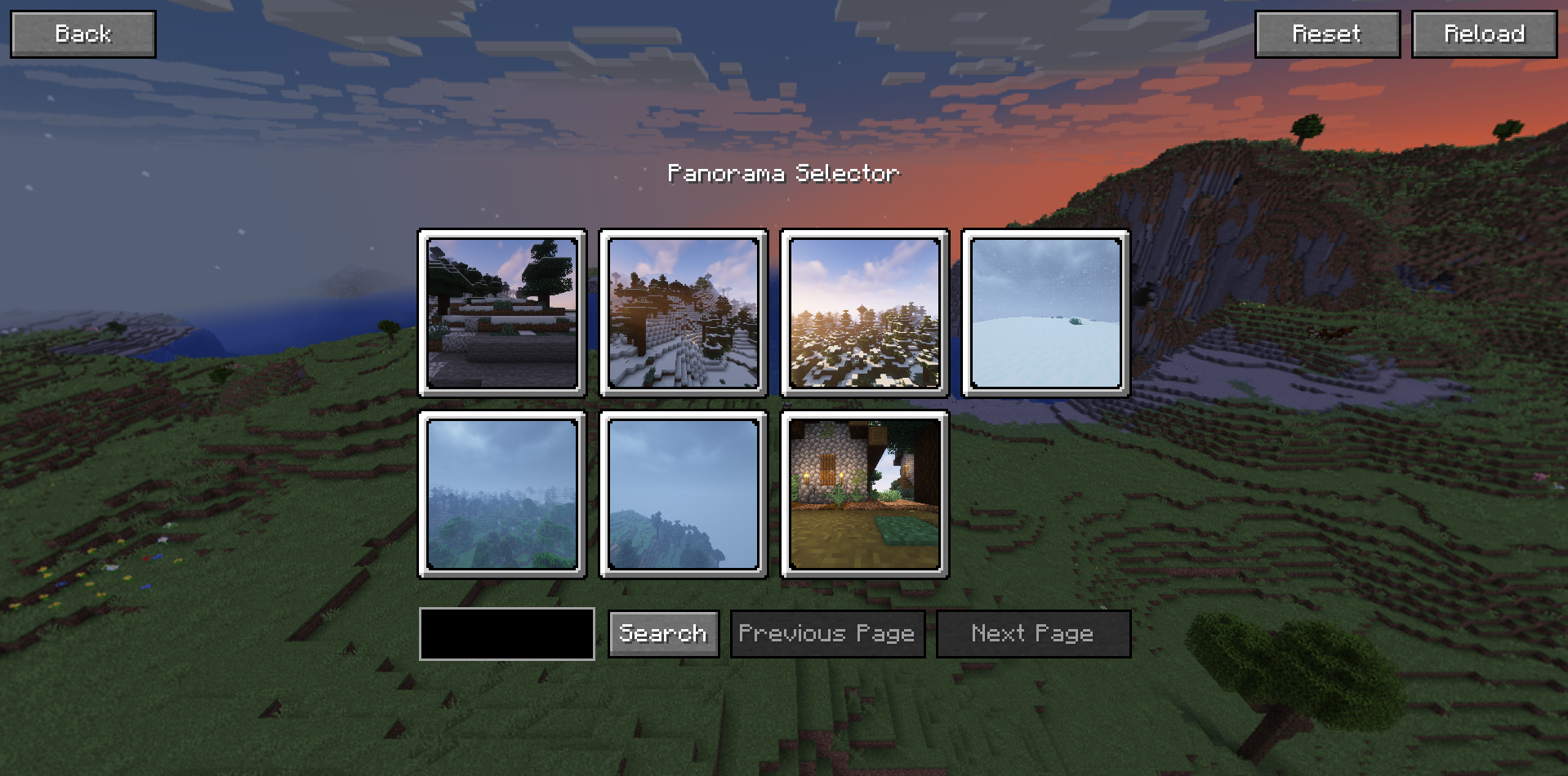 Настройки мода Panorama в Minecraft с выбором панорамных изображений