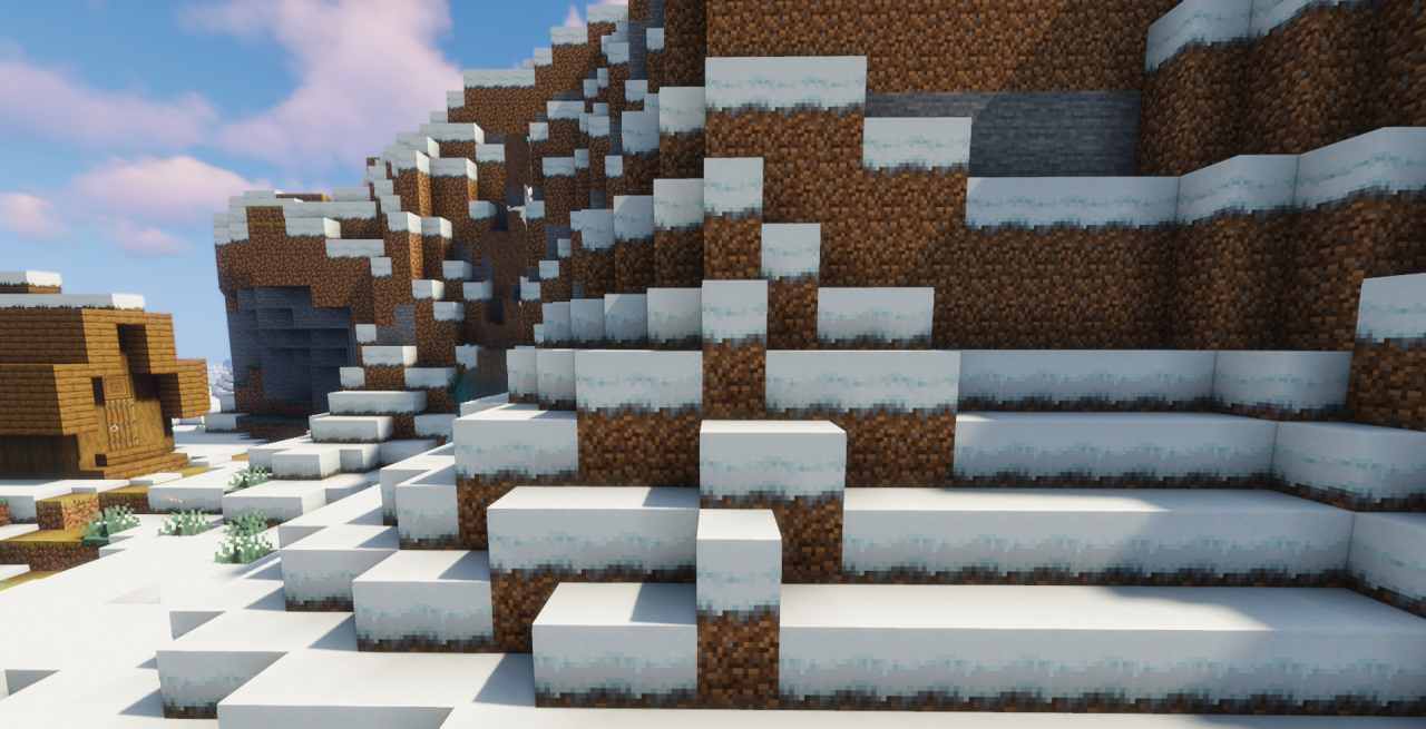 Снежная деревня в Minecraft с дымящимися трубами домов