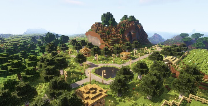 Красивый парк в Minecraft с фонтанами, деревьями и дорожками
