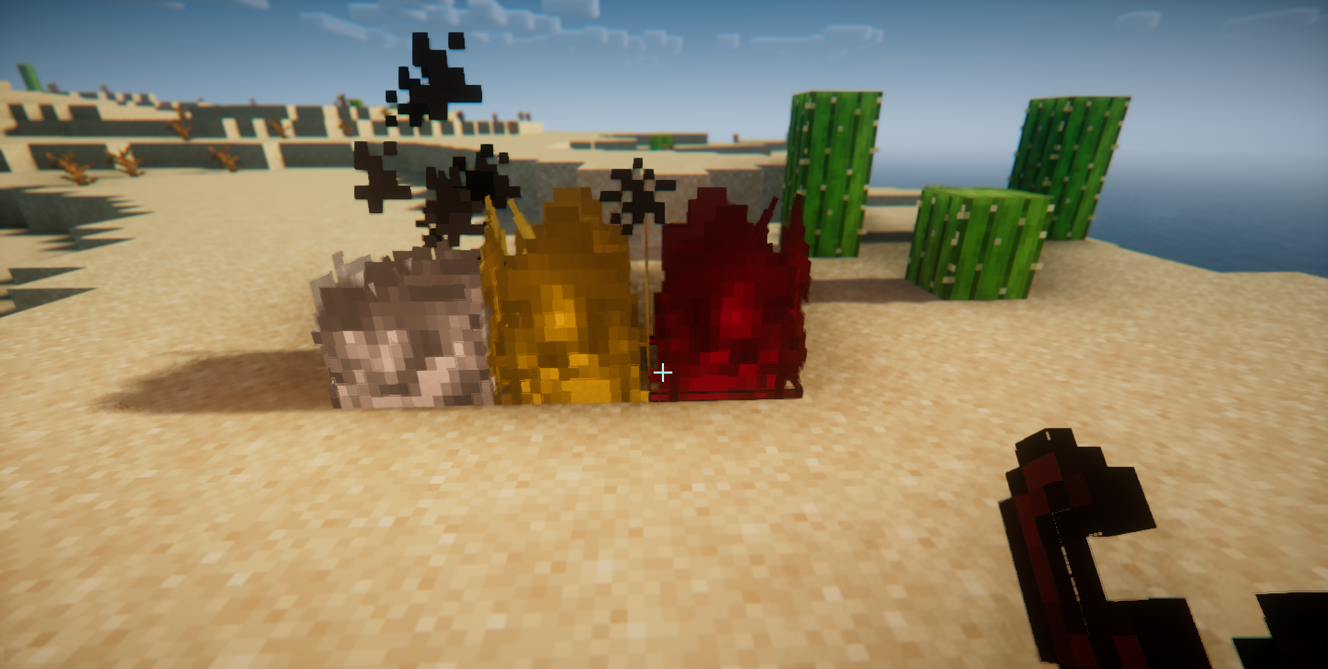 Цветной огонь в биоме пустыни в Minecraft с модом Party Flames