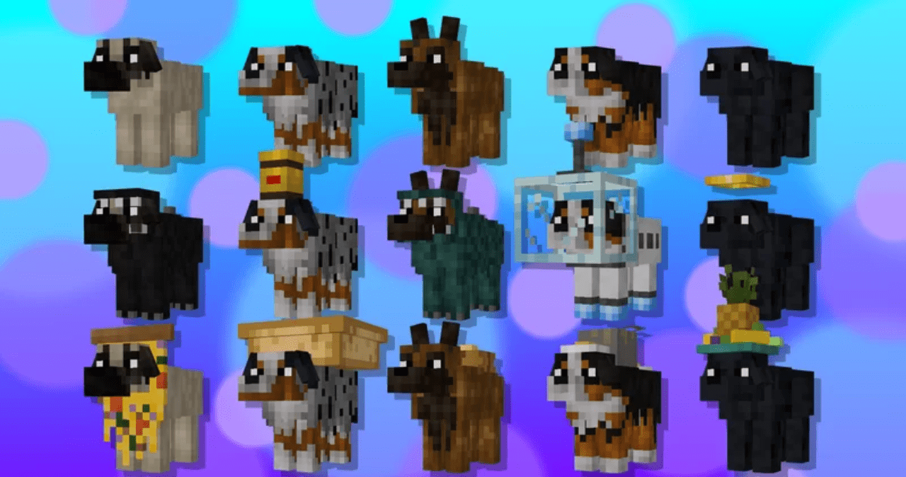 Пример использования Party Pups в разных биомах Minecraft