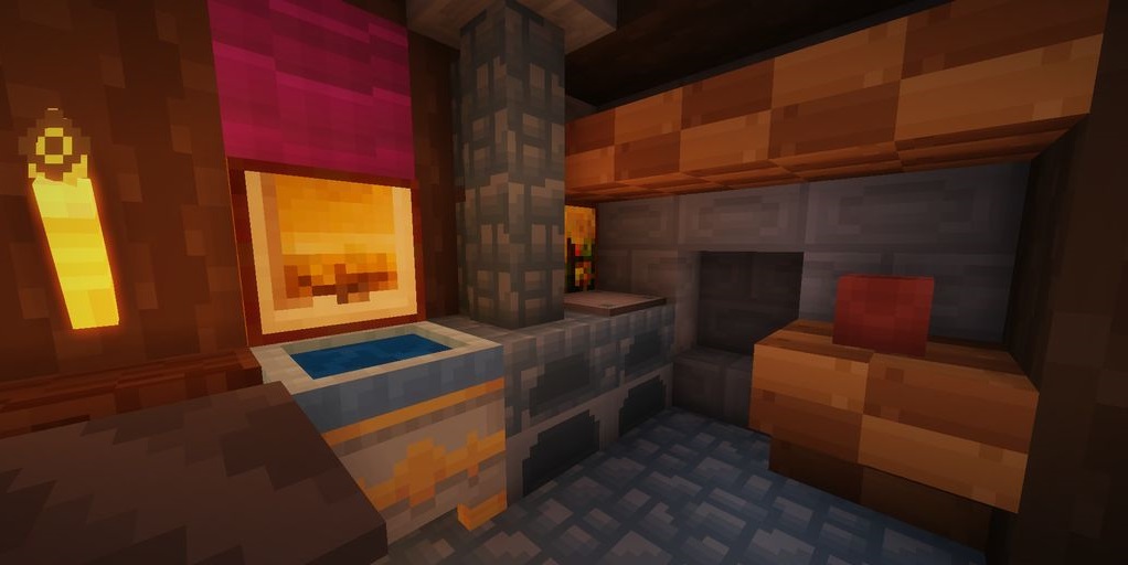 Пастельный сельский пейзаж в Minecraft с розовыми полями и голубыми домами