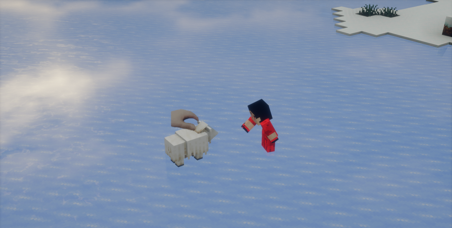 Игрок в Minecraft гладит собаку с помощью мода Pat Pat Mod
