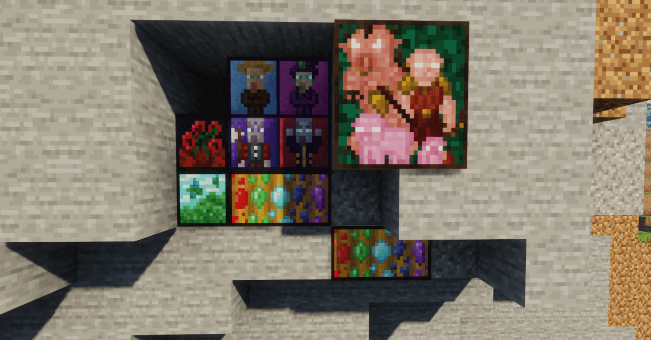 Пример использования текстурного пакета Peculiar Paintings в интерьере дома в Minecraft