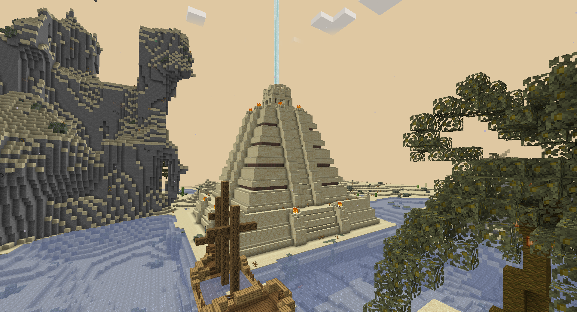 Игрок в Minecraft исследует пирамиду с факелом в руках