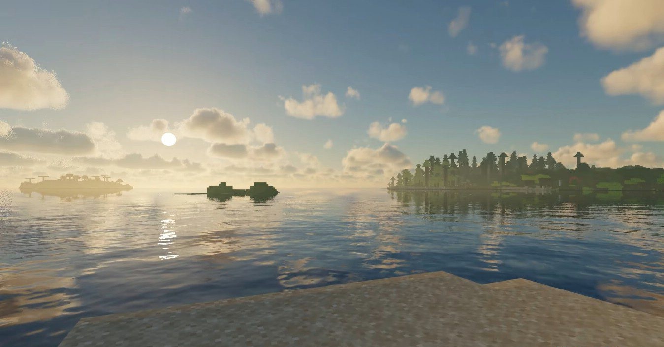 Закат в пустынном биоме с шейдерами Photon в Minecraft