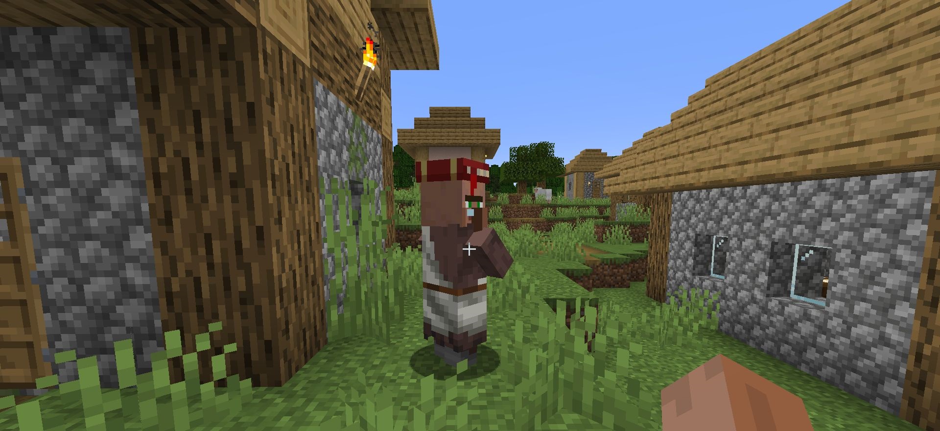 Игрок использует мод Pickable Villagers для переноса жителя в другое место