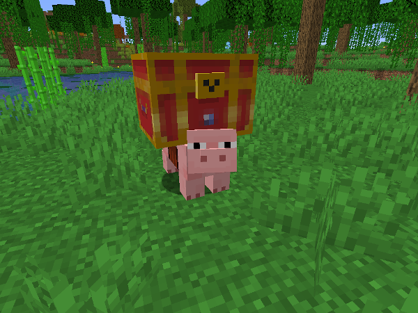 Геймплей мода Piggy Bank в Minecraft, показывающий взаимодействие с мобом-копилкой