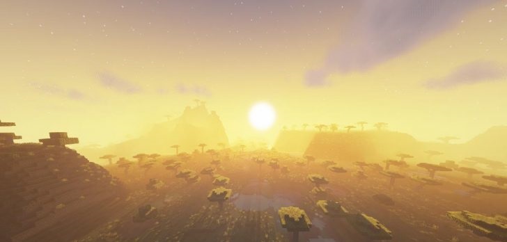 Ночной пейзаж Minecraft с шейдерами, звёздное небо и огни