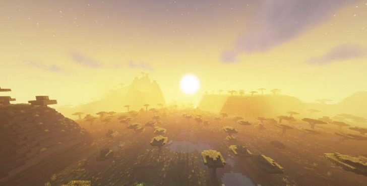 Закат в Minecraft с шейдерами Prismarine, реалистичное небо и отражения в воде