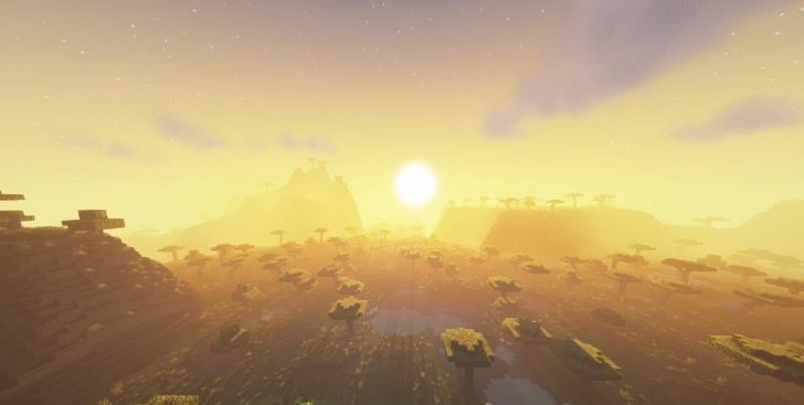 Закат в Minecraft с шейдерами, красивые отражения в воде