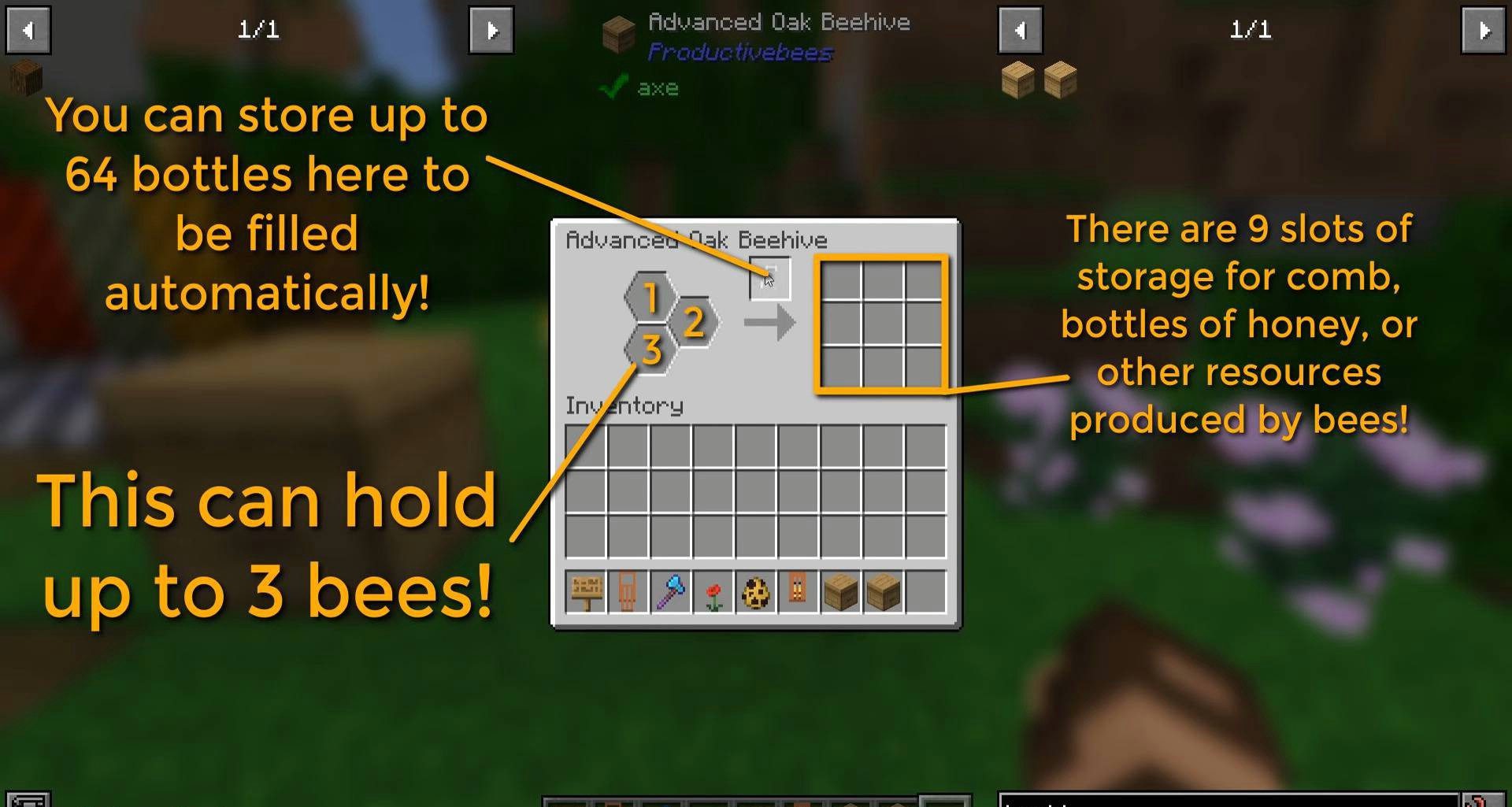 Игрок взаимодействует с ульями в моде Productive Bees, проверяя добытые ресурсы