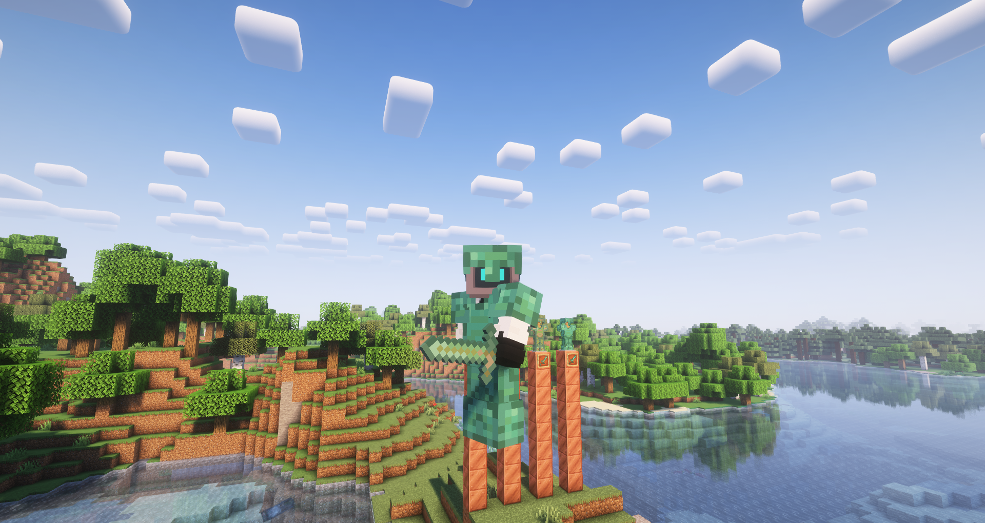 Игрок в медной броне сражается с мобами в Minecraft