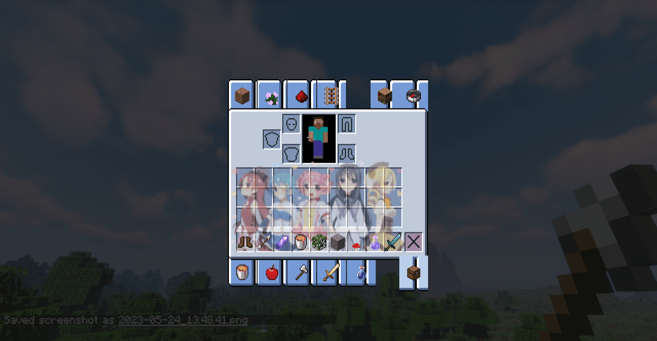 Главное меню Minecraft с аниме-оформлением Puella Magi Madoka Magica