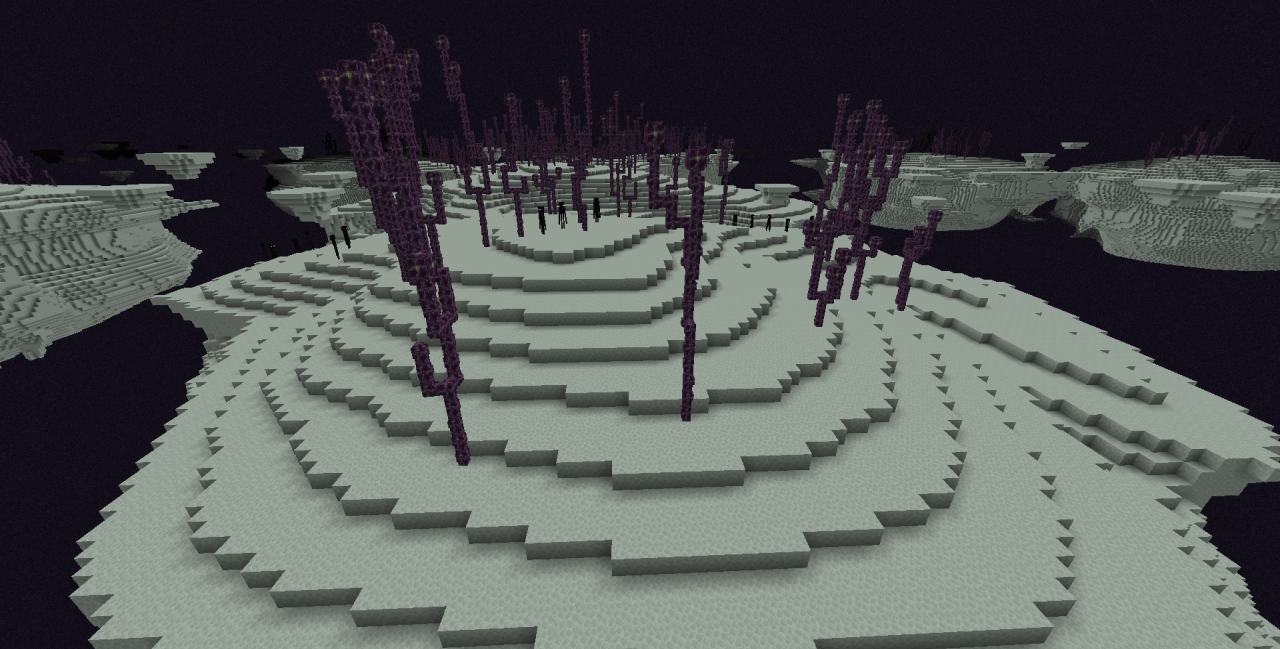 Изменённый мир Края в Minecraft с текстур-паком Qrafty’s Moony Endstone, демонстрирующий новые цвета блоков и окружения