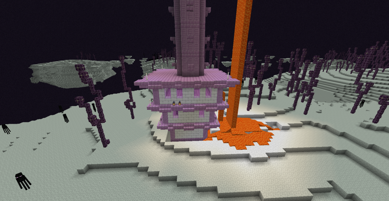 Скриншот Minecraft с текстур-паком Qrafty’s Moony Endstone, показывающий изменённые блоки и окружение в Крае
