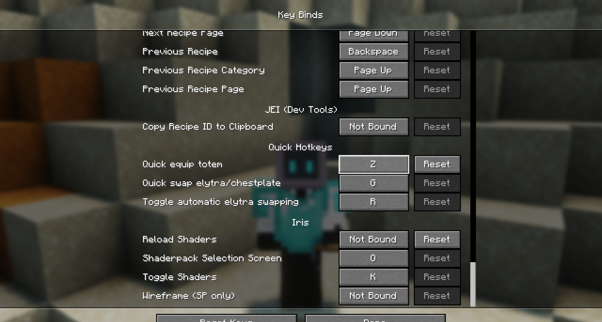 Интерфейс настройки горячих клавиш в Quick Hotkeys для Minecraft