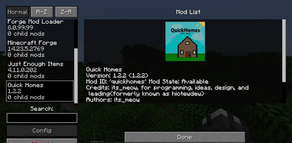Игрок использует команду /home для телепортации в Minecraft с модом QuickHomes