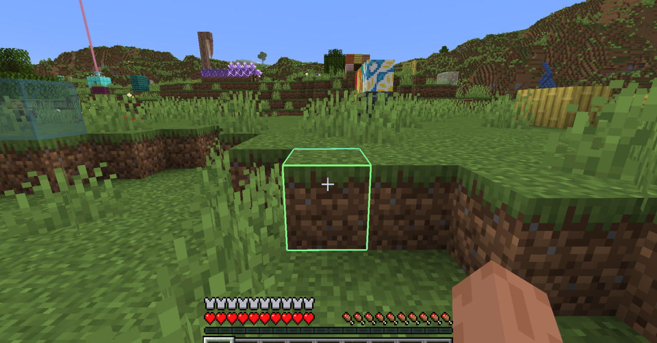 Скриншот Minecraft с установленным модом Rainbow Outlines Animation, показывающий динамичные цветные границы