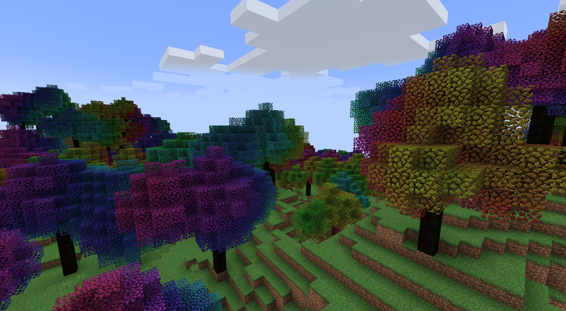 Яркий радужный лес в Minecraft с необычными деревьями