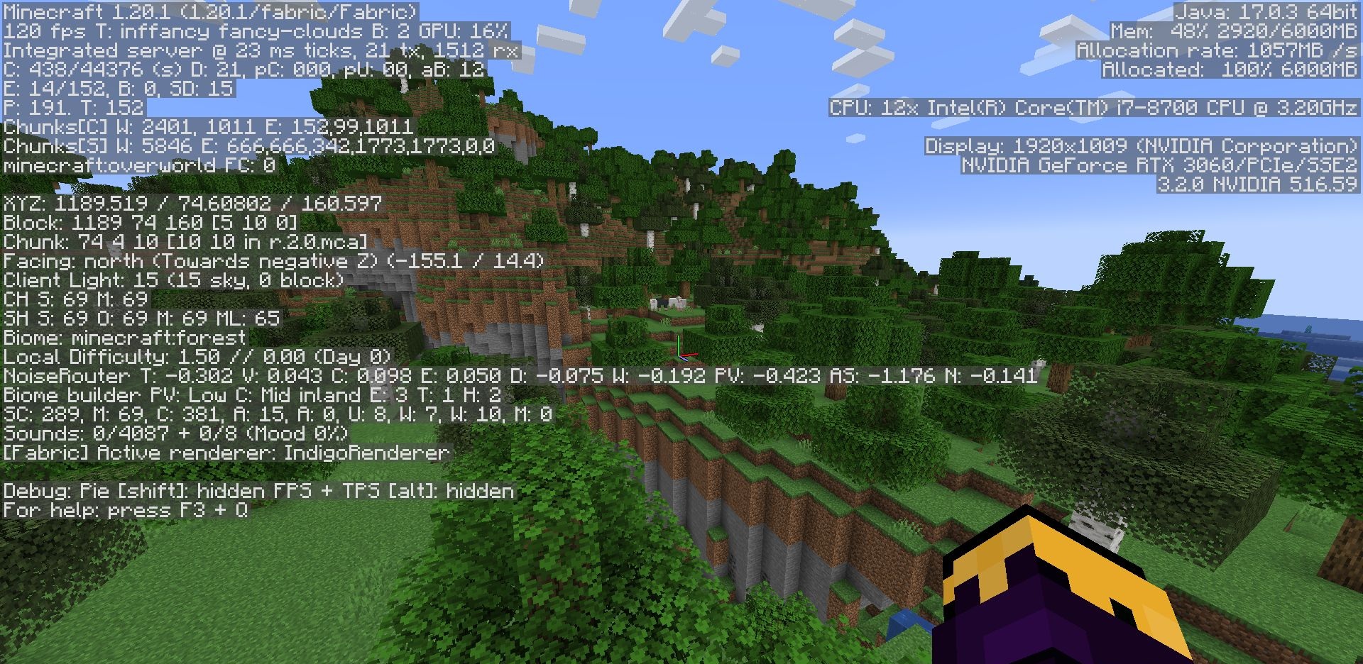 Геймплей Minecraft с модом Raise Sound Limit Simplified в разных локациях