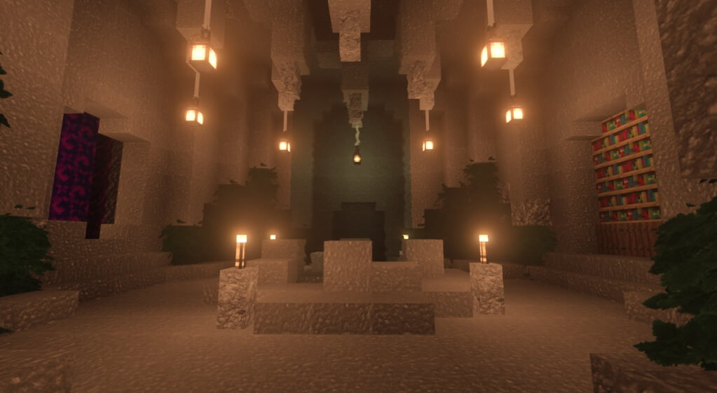 Ночной пейзаж в Minecraft с динамическим освещением от шейдеров Raspberry
