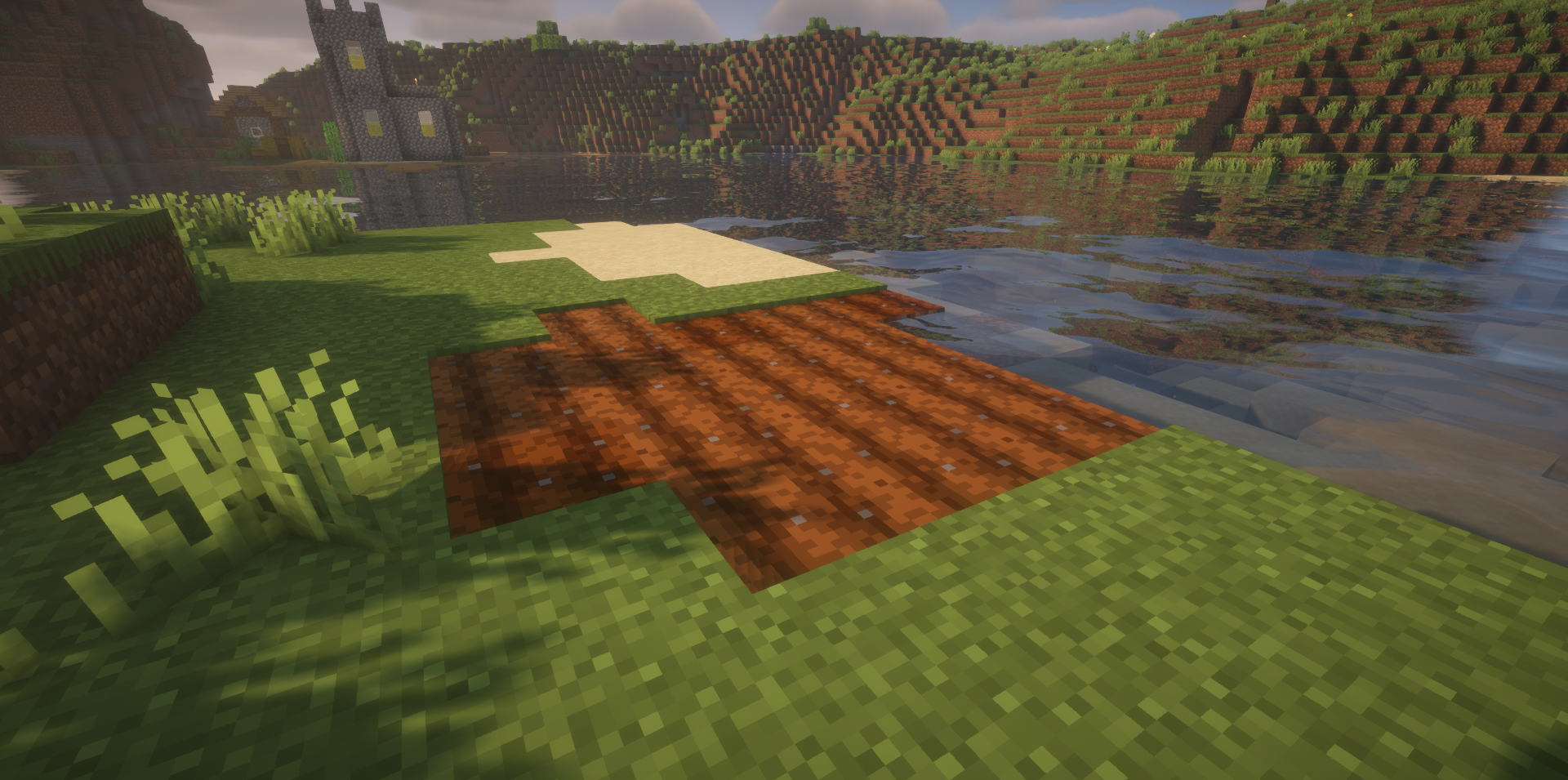 Грядки с пшеницей в Minecraft с модом Realistic Farmland: разная степень увлажнения