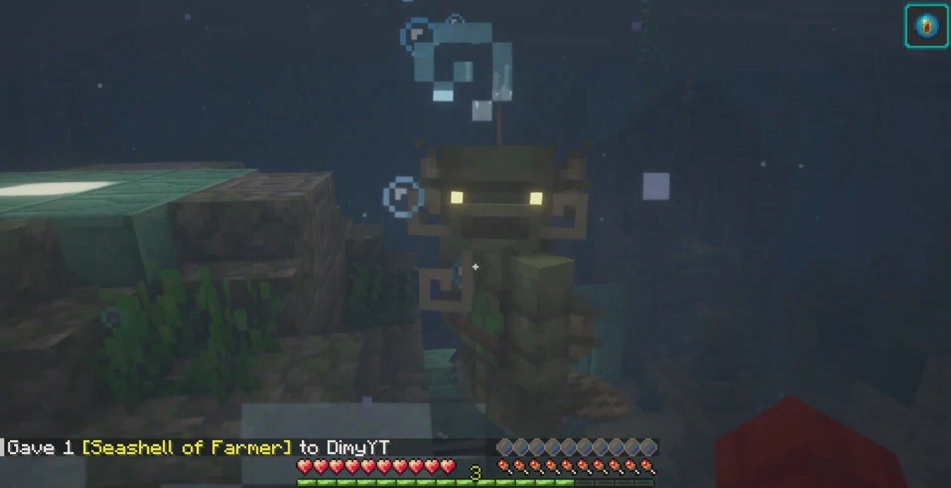 Игрок взаимодействует с подводными жителями в Minecraft