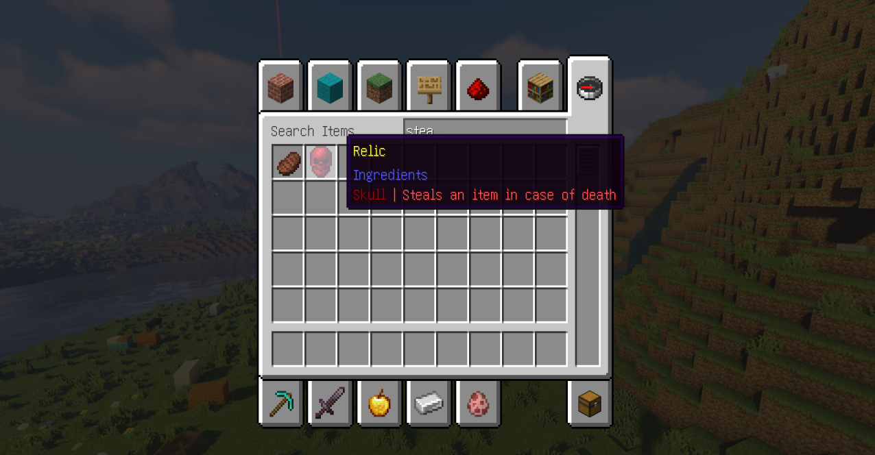 Скриншот игры Minecraft с установленным текстур-паком Relics, демонстрирующий новые магические книги