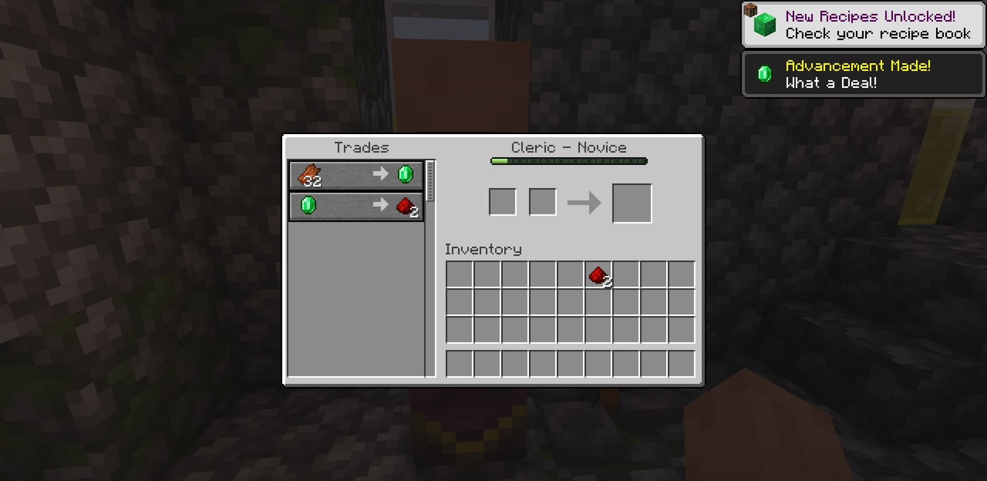 Интерфейс торговли с жителями в Minecraft с модом Retraining