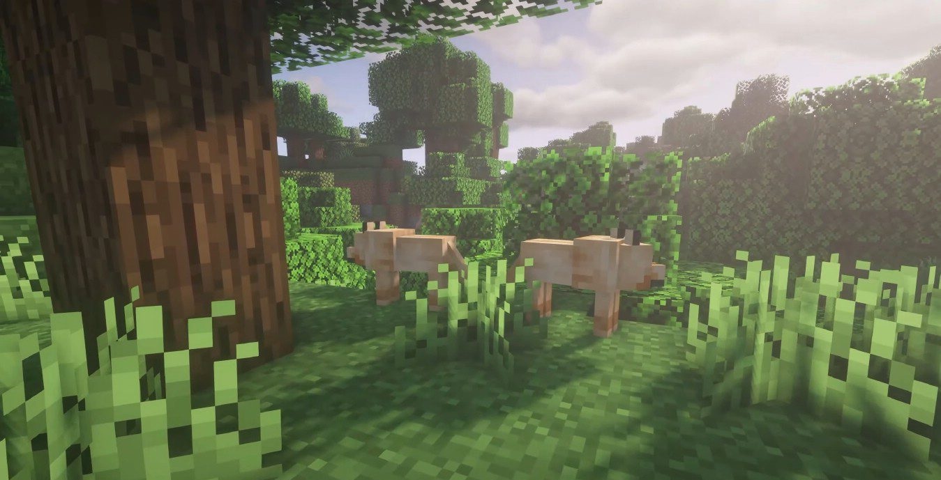 Игрок кормит волка в Minecraft с модификацией RevampedWolf