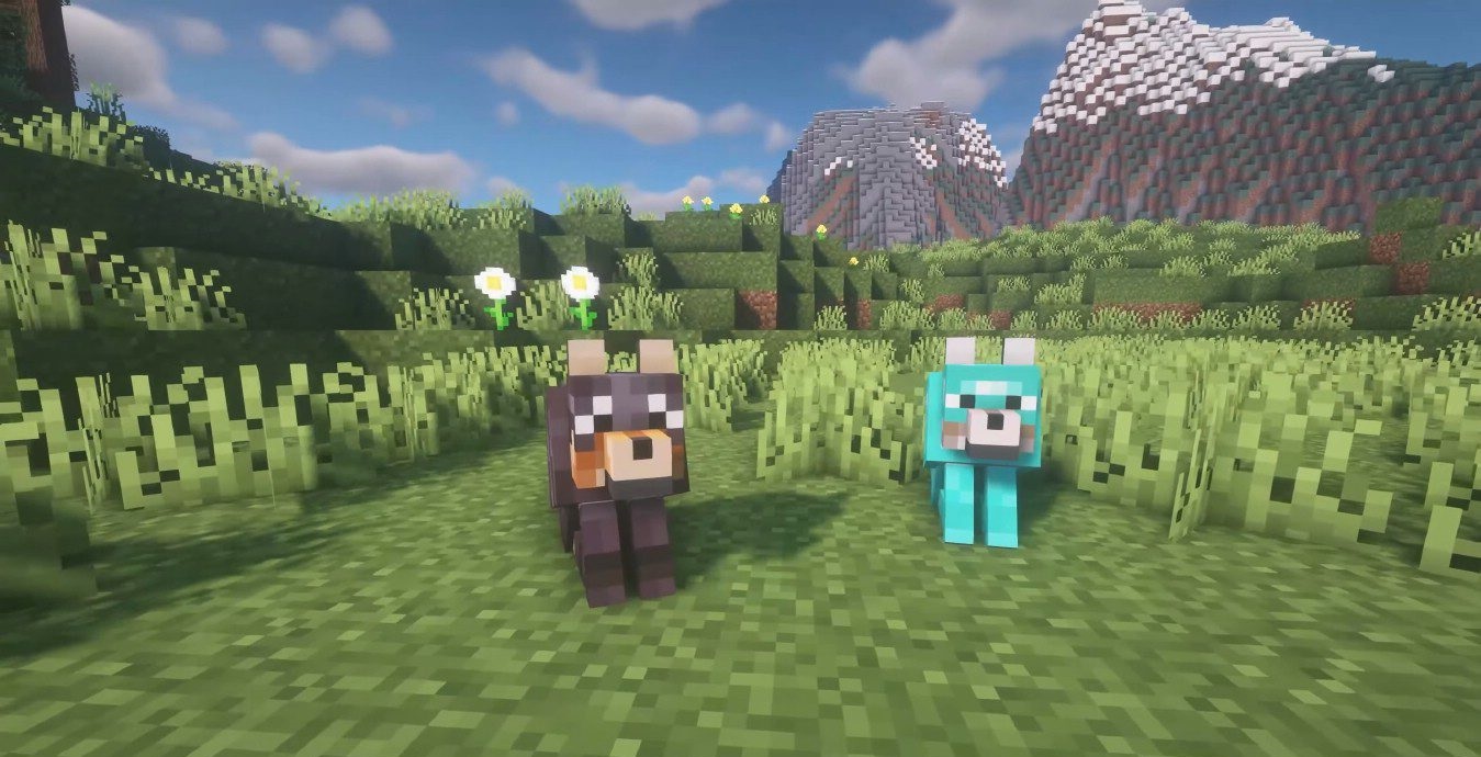 Волк в броне атакует скелета в Minecraft с модом RevampedWolf