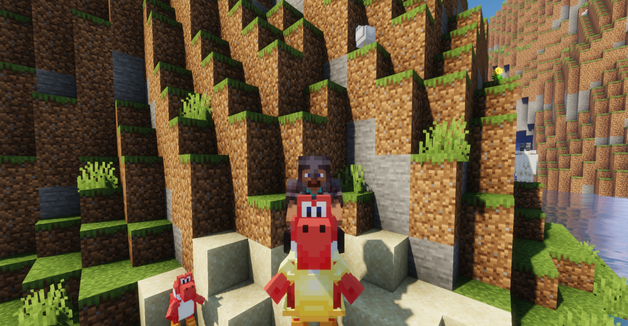 Группа разноцветных Йоши в пустынном биоме Minecraft