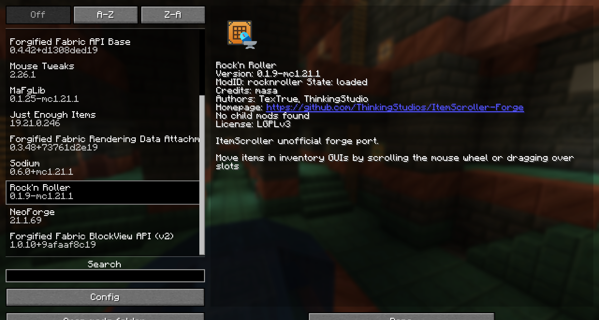 Интерфейс инвентаря с модом Rock’n Roller в Minecraft, показывающий улучшенное управление предметами