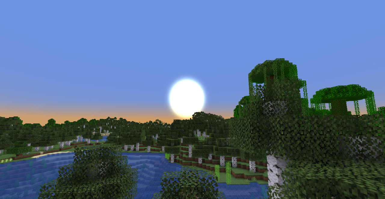 Minecraft с Round Sun HD и шейдерами, демонстрирующий красивое небо