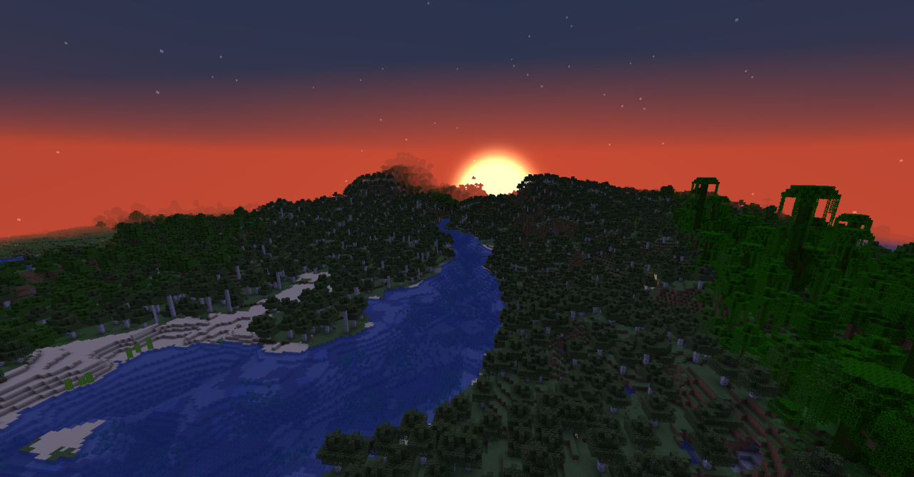 Скриншот Minecraft с текстур-паком Round Sun HD, показывающий реалистичное солнце